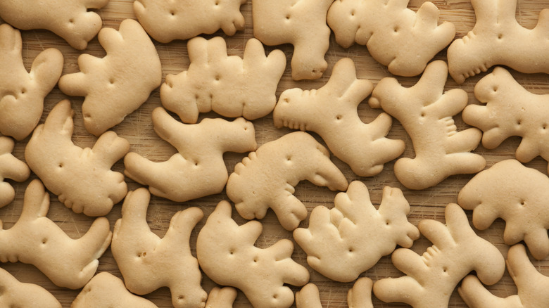 Assorted animal crackers laid out flat