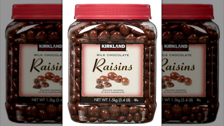 A jar of Kirkland Signature Milk Chocolate Covered Raisins