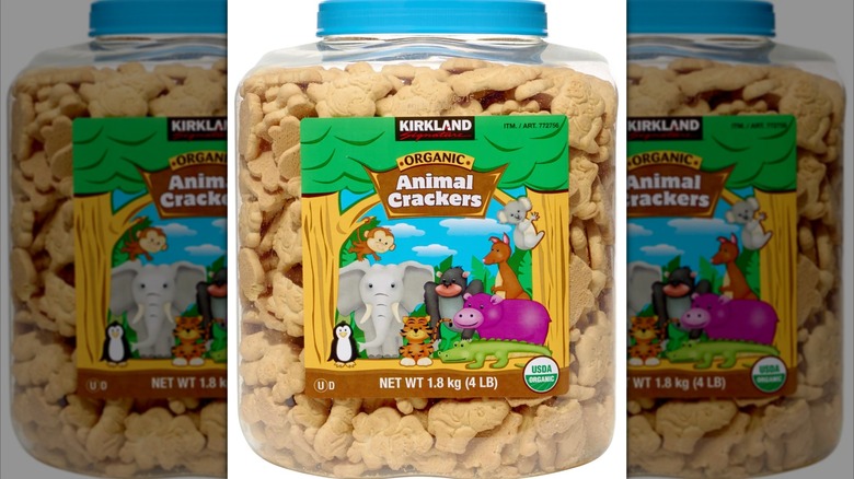 A jar of Kirkland Signature Organic Animal Crackers