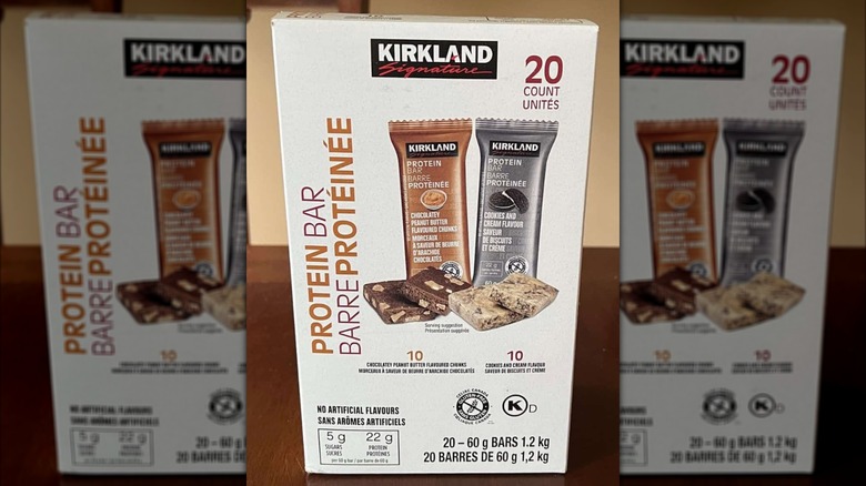 A box of Kirkland Signature Protein Bars