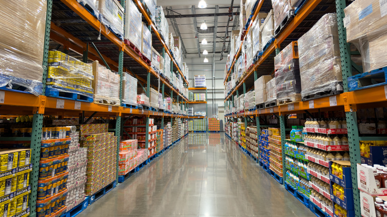 Aisle of Costco bulk goods arranged on shelves