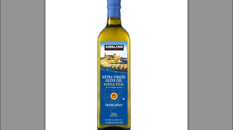 Bottle of Kirkland Signature Baena P.D.O. Extra Virgin Olive Oil