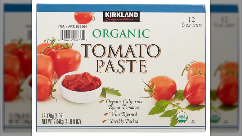 Package front of kirkland organic tomato paste