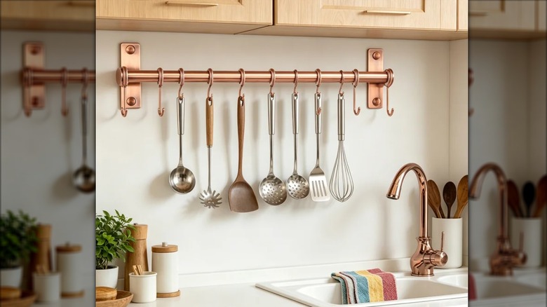 Copper hanging rod over sink with cooking utensils.