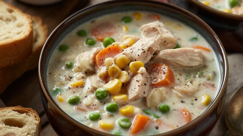 A bowl of creamy veggie and chicken soup