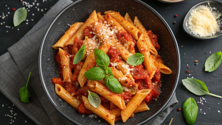 Pasta tossed in tomato sauce and topped with basil leaves and cheese in a black bowl