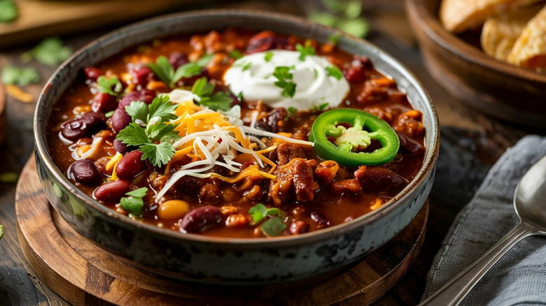 A hearty bowl of chili topped with sour cream, cheese, and jalapenos on a wooden board