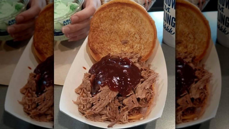 A beef pot roast sandwich from Culver's topped with BBQ sauce