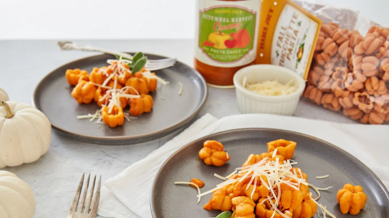 A plate of pasta shaped pasta next to a propped Autumnal Harvest Creamy Pasta Sauce