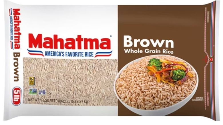 A bag of Mahatma Brown Whole Grain Rice