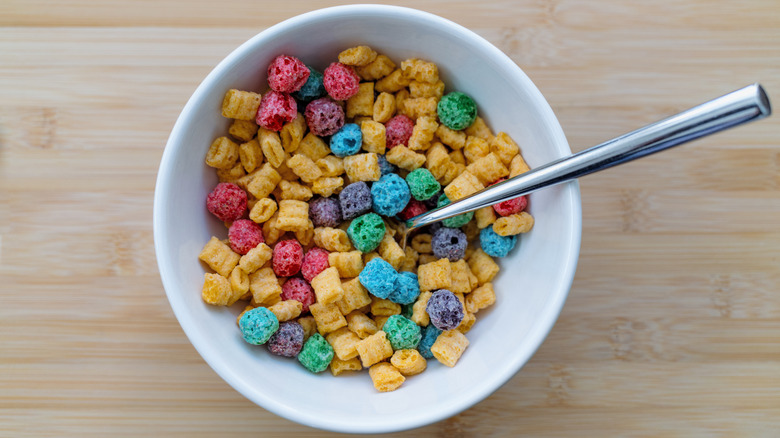Overhead view of brightly colored breakfast cereal