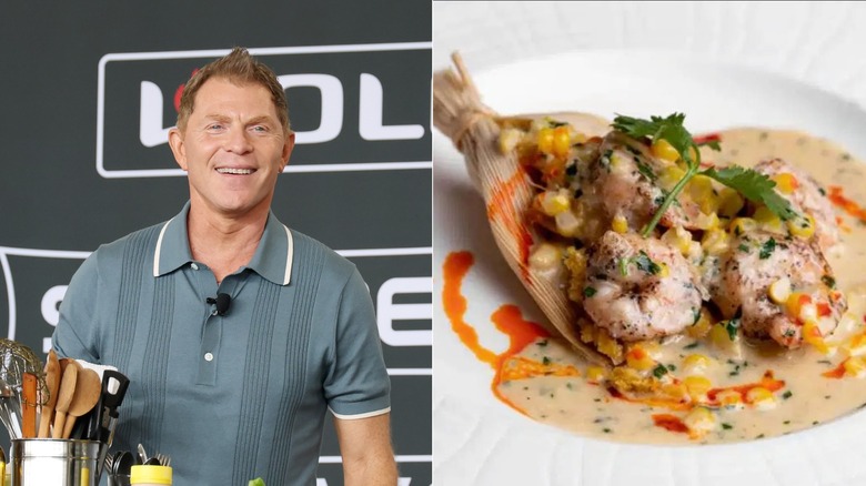 Celebrity chef Bobby Flay next to a photo of his famous shrimp and roasted garlic tamale dish