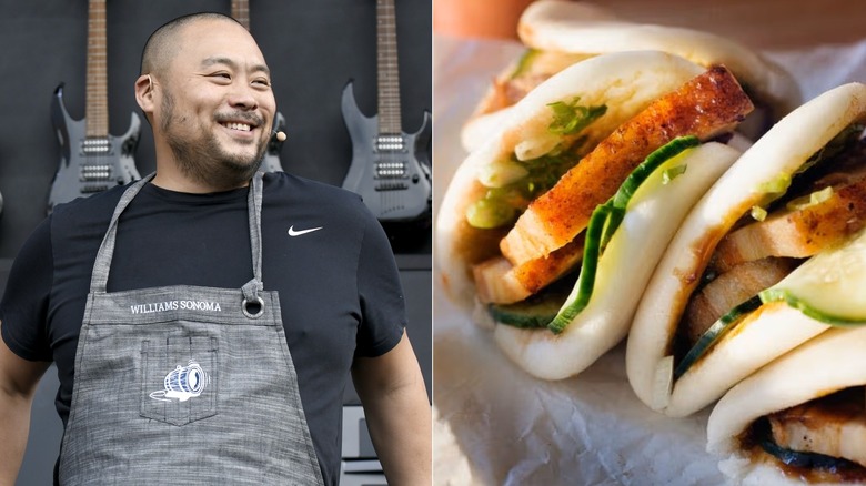 Celebrity chef David Chang, host of The Next Thing You Eat, next to a photo of his famous pork belly bao buns from his Momofuku restaurant in New York City