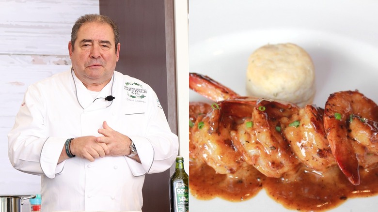 celebrity chef Emeril Lagasse in a chef's coat next to an image of his dish of New Orleans BBQ shrimp