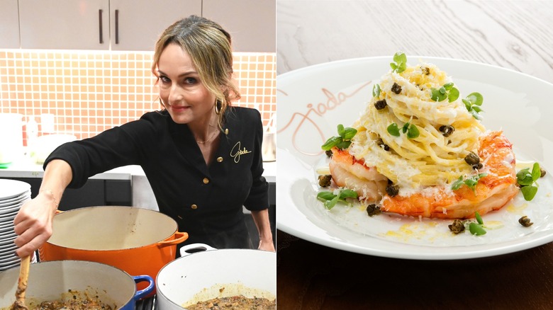 Chef Giada de Laurentiis next to a photo of her signature lemon spaghetti recipe