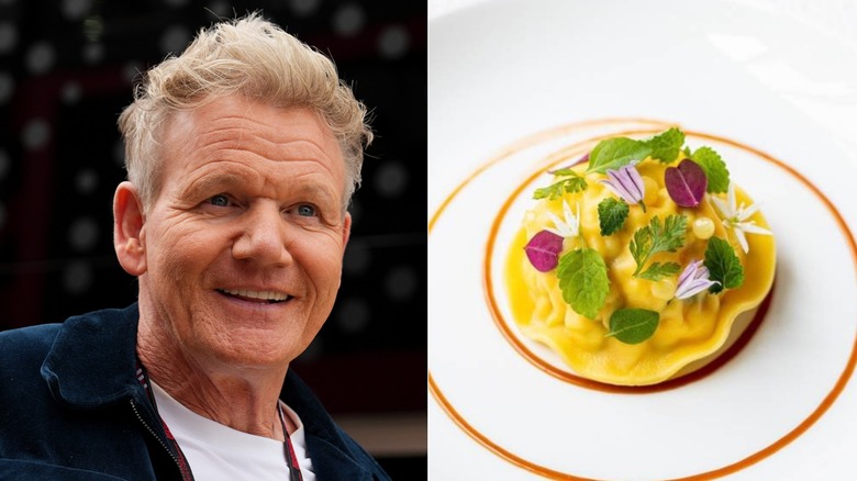 Celebrity chef Gordon Ramsay next to a photo of a lobster ravioli dish