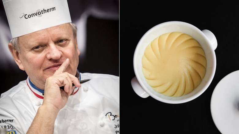 French chef Joel Robuchon in a chef's outfit and hat, next to a photo of his famous pommes puree or mashed potatoes