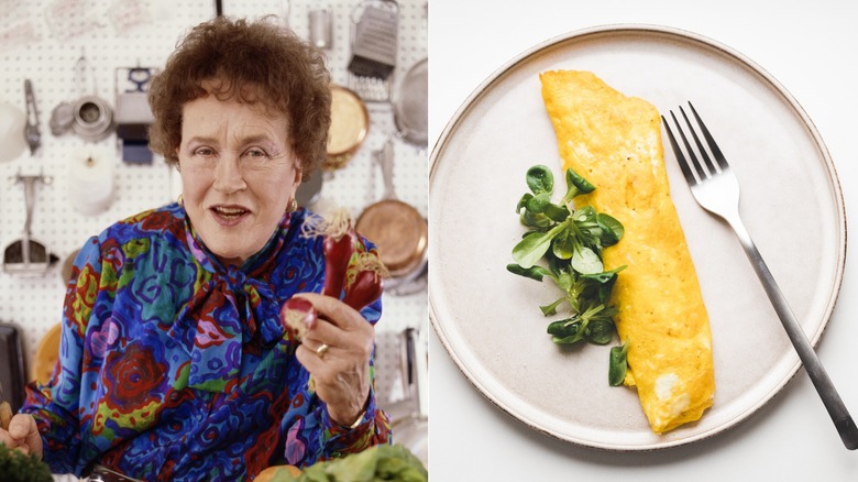 celebrity chef Julia Child next to an image of a classic french omelet with herbs