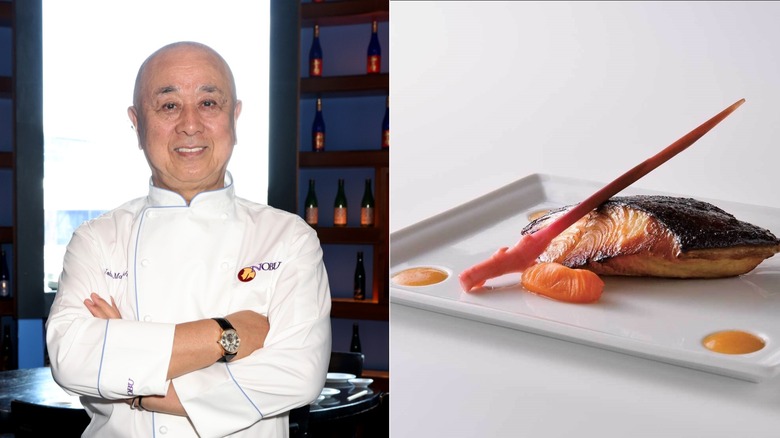 celebrity chef Nobu Matsuhisa next to an image of his popular miso marinated black cod