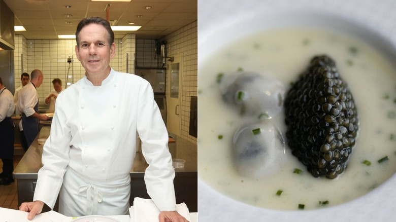 James Beard award winning chef Thomas Keller in the kitchen, next to a photo of his famous oysters and pearls dish at The French Laundry restaurant