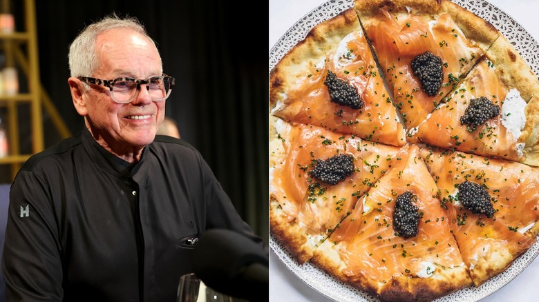 celebrity chef wolfgang puck next to an image of his famous smoked salmon pizza with creme fraiche and caviar