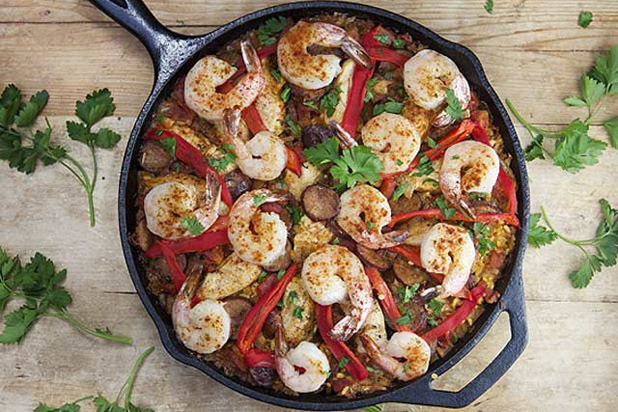 Smoky Spanish Casserole of Rice, Chicken, Shrimp, and Sausage From Panning the Globe 