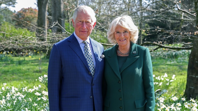 Charles in blue suit, Camilla in green suit
