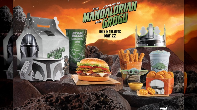 Promo image for Burger King's "The Mandalorian and Grogu" menu featuring all menu items