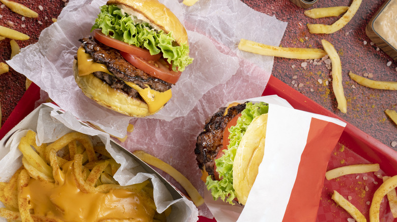 Top-down view of assorted burgers and fries, including cheese fries