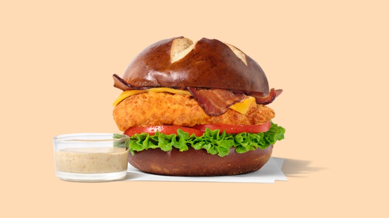 Chick-fil-A Pretzel Cheddar Club Sandwich with dipping sauce
