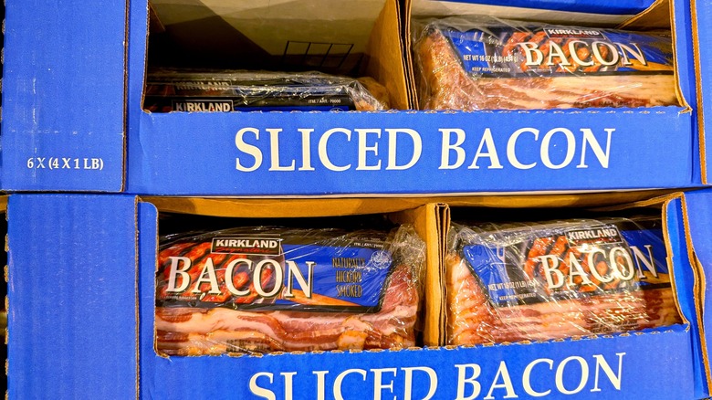 Kirkland Signature Sliced Bacon, on display in a Costco