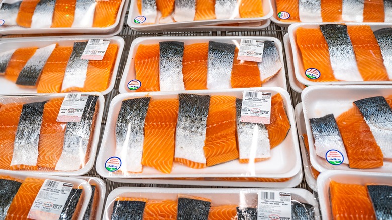Packs of salmon on display at Costco