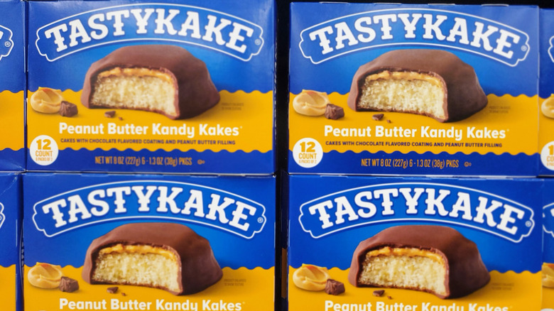Boxes of peanut butter Tastykakes on a shelf