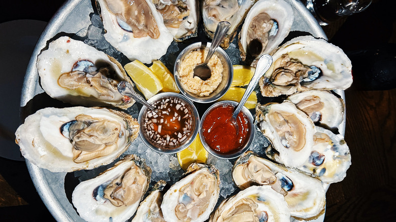A selection of oysters with sauces on a plate on ice