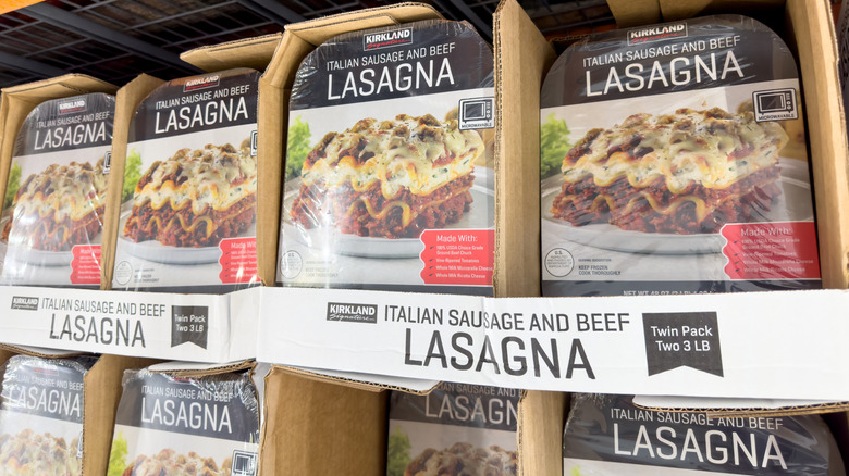 Trays of Kirkland Signature Italian Sausage and Beef Lasagna, on display at Costco