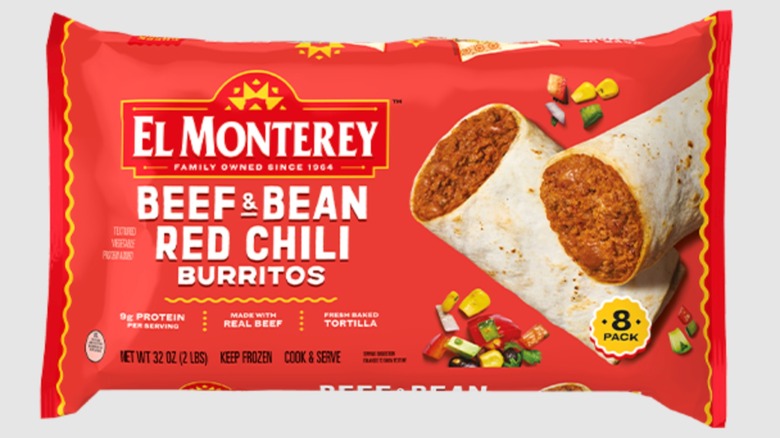 A package of El Monterey Beef & Bean Red Chili Burritos