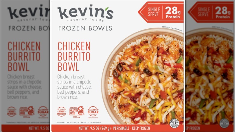 The packaging for Kevin's Chicken Burrito Bowl