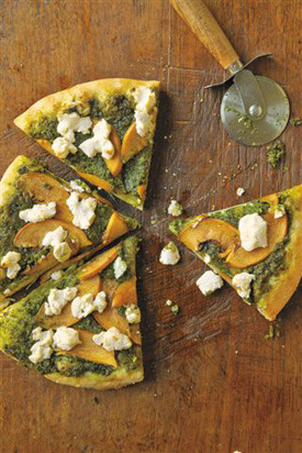 Pizza with Goat Cheese, Peaches, and Almond-Tarragon Pesto