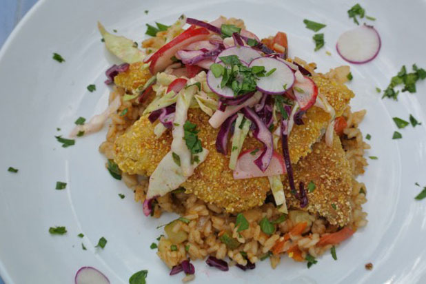 Southern-Style Catfish with Tomato-Zucchini Rice Recipe