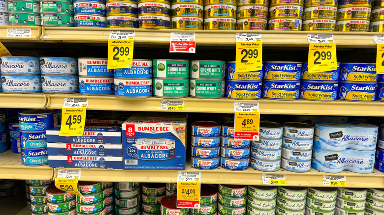 Grocery store shelves with rows of canned tuna.