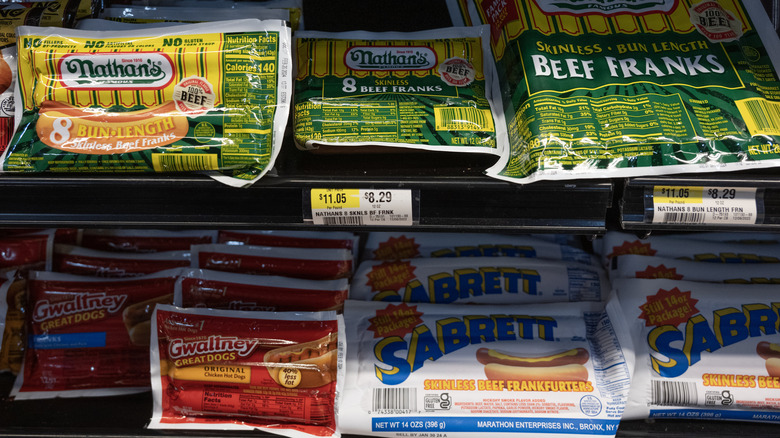 Hot dogs on grocery shelf