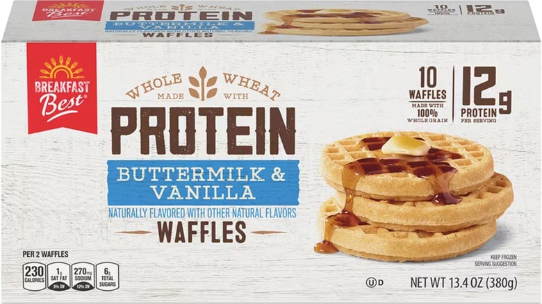 A box of Breakfast Best Buttermilk & Vanilla Protein Waffles