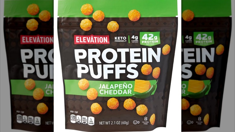 A bag of Elevation Jalapeño Cheddar Protein Puffs