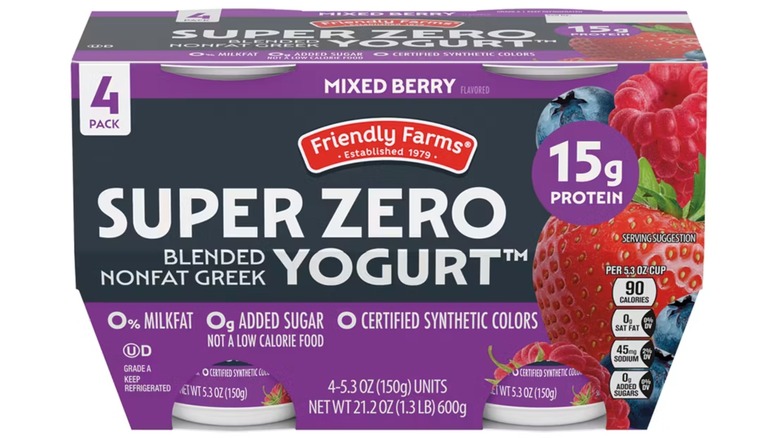 A package of Friendly Farms Mixed Berry Protein Blended Nonfat Greek Yogurt Cups