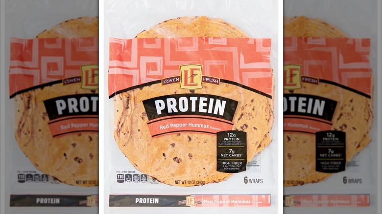 A package of L'oven Fresh Red Pepper Hummus Protein Wraps