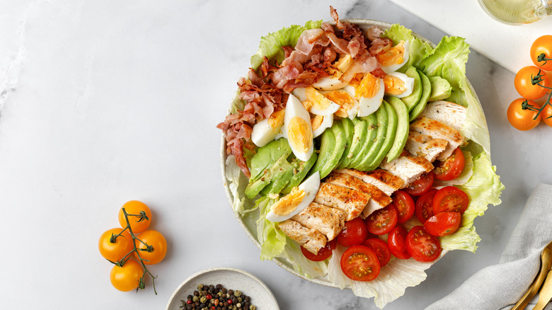 An overhead view of a Cobb salad