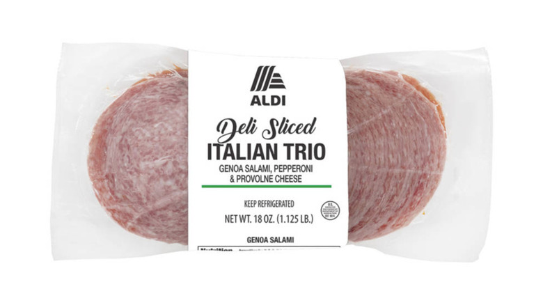 A pack of Aldi Deli Sliced Italian Trio on a white background