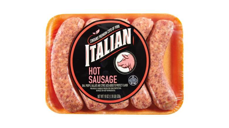 A pack of five Aldi Hot Italian Sausage Links