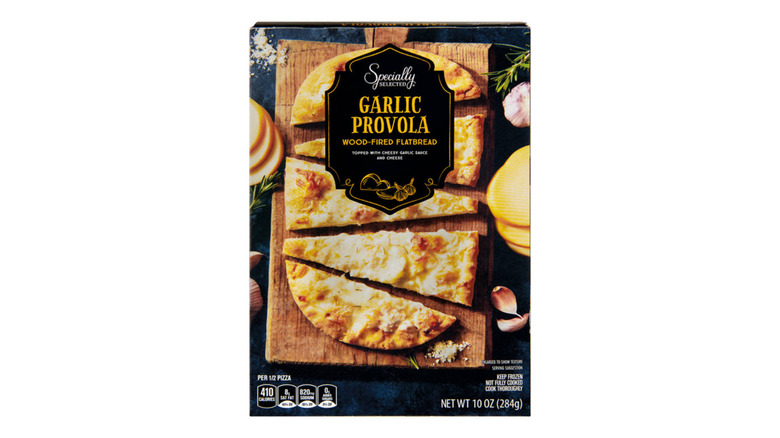 A box of Specially Selected Garlic Provola Flatbread on a white background