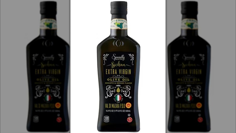 A bottle of Aldi Specially Selected Premium Sicilian Extra Virgin Olive Oil